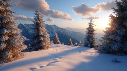 Serene Winter Landscape with Snow-Covered Trees and Majestic Mountains Under a Colorful Sky at Sunset