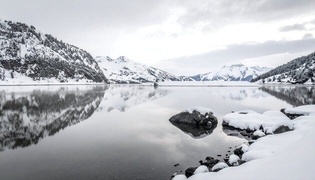 Tranquil winter landscape showcases a still lake mirroring snow-covered mountains under an overcast sky. Foreground features snowy rocks - Powered by Adobe