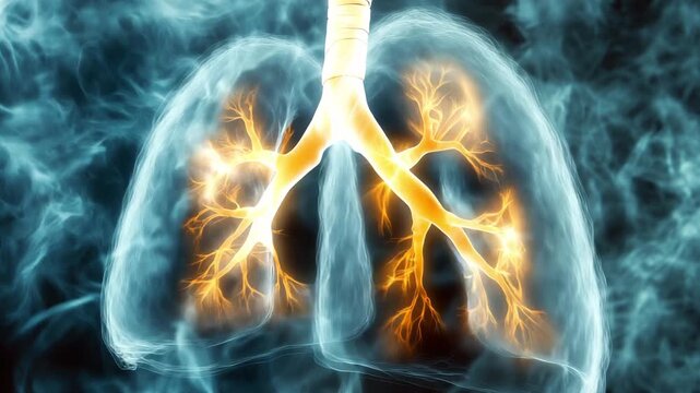 Illustration shows the structure of human lungs and highlights the respiratory processes taking place within the body
