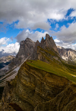 Seceda is one of the most popular locations in the Dolomites - a 2519 m high mountain in the Dolomite Alps, in the Val Gardena region. Italy. Tourism concept.