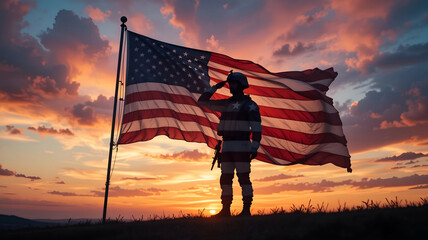 Solemn Silhouette of Soldier Saluting Large American Flag at Dramatic Sunset - Concept Image for Patriotism, Remembrance, Military Service, and Veterans Day.
