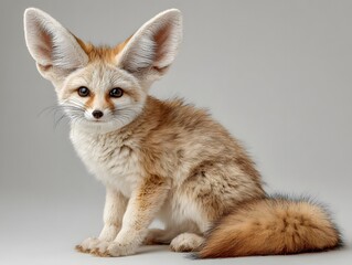 Obraz premium Full-body studio portrait of an incredibly cute fennec fox is captured against a clean white background. Its large, prominent ears and soft, sandy fur are in very sharp focus.