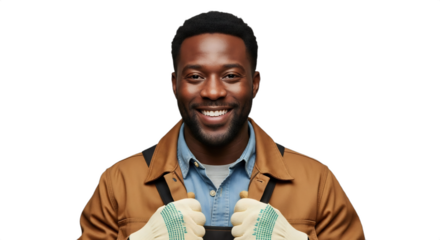 Smiling professional Black man (37-43), a dedicated Christmas tree recycler in a work jacket and gloves, ideal for holiday sustainability, environmental campaigns, or seasonal workforce stories.