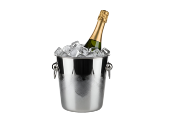 A metallic champagne bucket, filled with ice, holds a chilled bottle of sparkling wine.