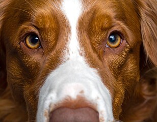 A close-up portrait of a dog's face, showcasing striking amber eyes, a white blaze, and textured brown fur