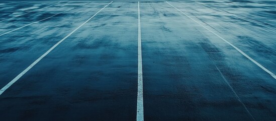 Abstract background of a dark blue wet asphalt surface with parallel white lines, showcasing texture and depth.