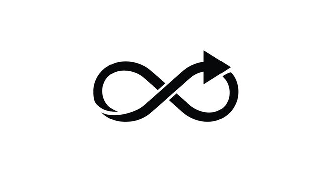 Black infinity symbol with an arrow integrated into the right loop representing endless cycles and continuous motion