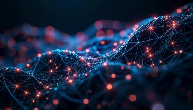 Cybernetic wireframe meshes pulsing in sync 