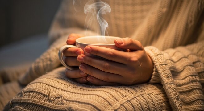Evening light shining on cup of tea held in hands wrapped in blanket, warm color palette conveying calm home comfort and cozy seasonal atmosphere