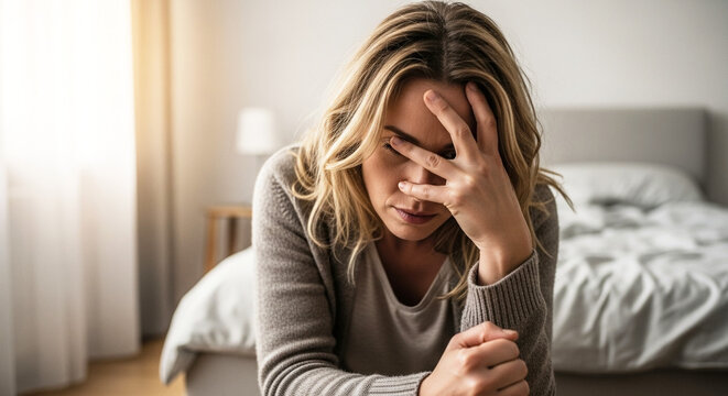 Woman hiding face during conflict, anxious female in bedroom, stress and emotional struggle at home
