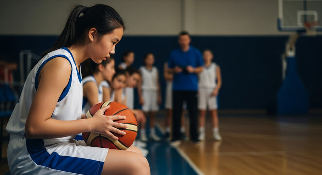 Youth team listening to coach, focused teenage girl holding basketball on indoor court, teamwork and sports training