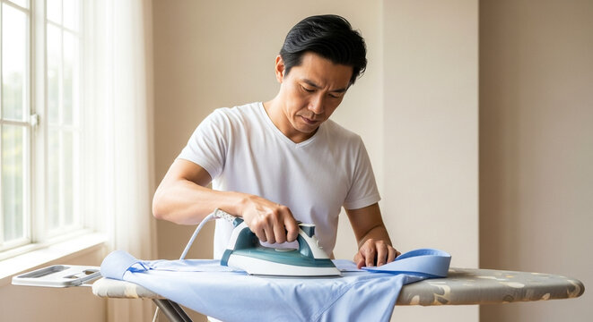 Man ironing shirt with focus, efficient home task in bright minimalist interior, domestic routine and garment care