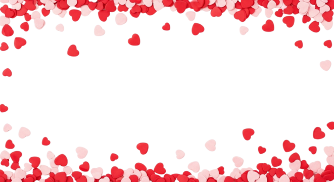 Red and Pink Heart Confetti on Transparent Background. Valentine's day frame