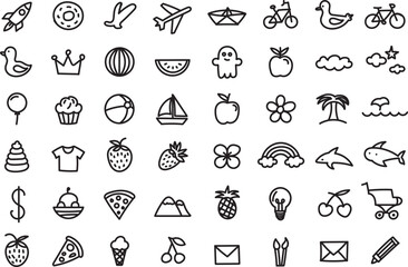 Hand Drawn Summer Doodle Icon Set with Travel Food Nature and Beach Sketch Elements