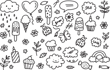 Hand Drawn Cute Doodle Set with Ice Cream Cupcake Cloud and Flower Sketch Elements