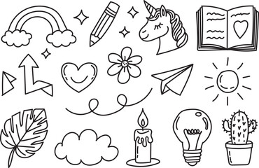 Hand Drawn Cute Doodle Icon Set with Unicorn, Rainbow, Candle and Creative Elements