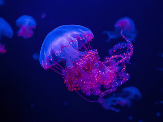 Beautiful orange jellyfish floating gracefully underwater in deep blue ocean surrounded by marine life and coral background