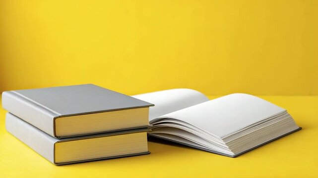 Two grey-covered books stacked next to an open book with blank pages all set against a solid yellow background - Powered by Adobe
