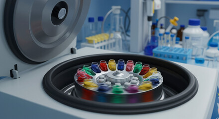 Spinning centrifuge with test tubes, laboratory equipment and medical research in scientific facility