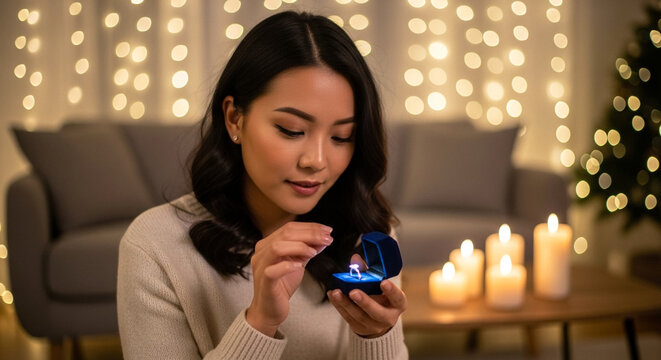 Woman opening velvet box under garlands, Christmas proposal in festive living room setting