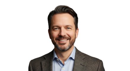 Smiling 41-45 Caucasian man, polar historian in tweed blazer, isolated on transparent background. Perfect for academic, educational, corporate profiles, exploration, history,