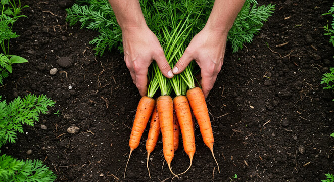 Farmer hands harvesting carrots from soil, fresh produce and organic gardening in sustainable agriculture