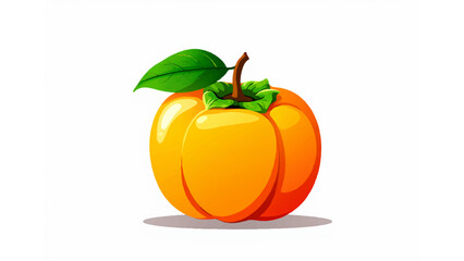 Vibrant orange persimmon fruit with green leaf isolated on white background