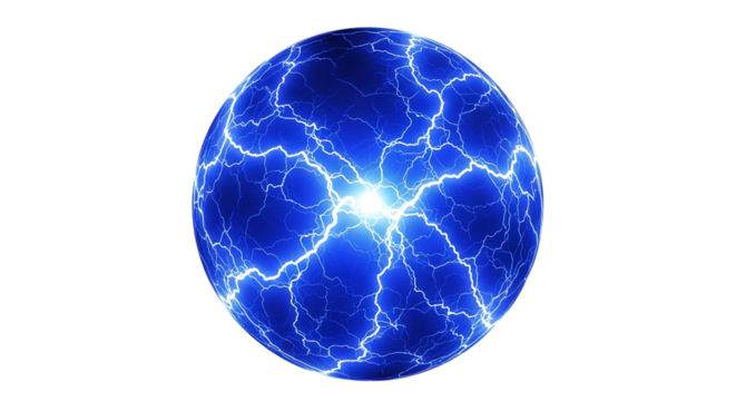 Glowing blue sphere with electric lightning cracks and bright central glow, cutout, PNG isolated on white or transparent background