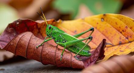 Vibrant Green Grasshopper Perched on Autumn Leaves in a Detailed Close-Up Shot.