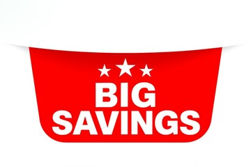 Bright red banner with white text announcing big savings and three white stars against a white background