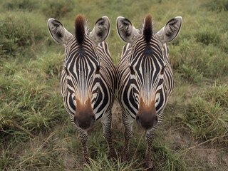 Two beautiful zebras standing side by side facing camera in natural savanna wildlife habitat during daylight safari scene