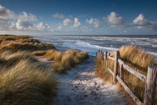 Path to sandy beach and North Sea with clouds and seagulls in the distance