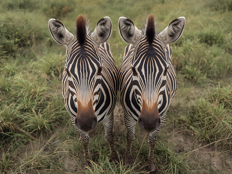 Two beautiful zebras standing side by side facing camera in natural savanna wildlife habitat during daylight safari scene