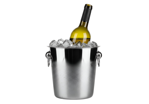 A stainless steel ice bucket holds a bottle of chilled yellow wine surrounded by ice cubes against a black background.