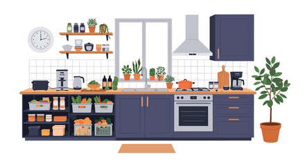 Modern kitchen with dark blue cabinets, open shelves, and a variety of food items on display.