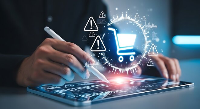 Digital Shopping Cart with Warning Icons and Futuristic Interface Elements