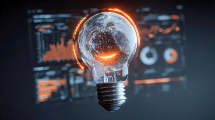 Futuristic digital light bulb with glowing Earth hologram floating in front of advanced transparent data analytics dashboards with orange highlights