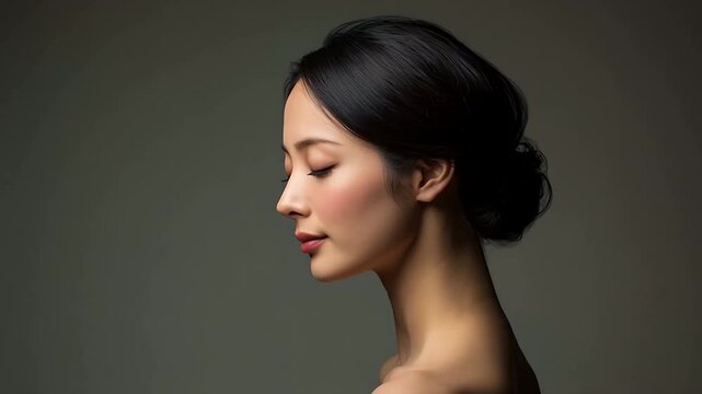 美しい黒髪の日本人女性の横顔ポートレート。 ビューティー｜ポートレート 横顔 黒髪 和風 エレガント