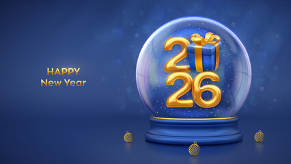 Happy New Year 2026. Golden metallic 2026 numbers with blue gift box and golden bow inside snow globe. Gold baubles. New Year background, Xmas holiday poster, banner, flyer. 3D Vector illustration.