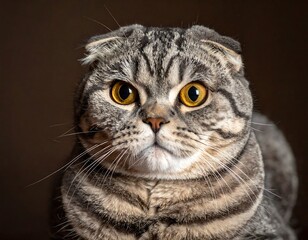 A close-up portrait of a domestic feline with unique folded ears and captivating golden eyes, set against a dark, smooth backdrop