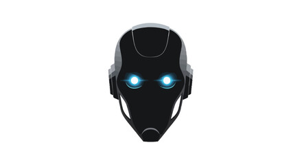 Futuristic black robot head with glowing blue eyes on a white background symbolizing artificial intelligence and technology