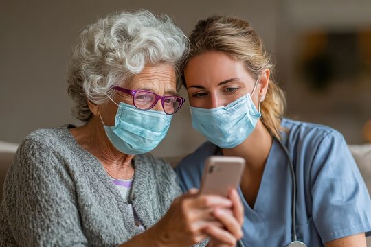 Senior woman watches smartphone with home healthcare provider wearing masks during the day - Powered by Adobe