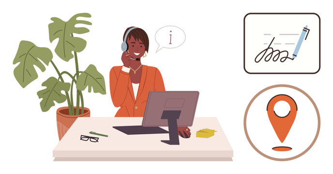 Professional at desk using headset, computer, and notepad with icons for signature and location. Ideal for customer support, communication, technology, online services, management, operations simple