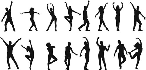 Dance silhouettes, expressive poses, contemporary dancers, movement art, body language, graceful motion, vector people, black figures, flat illustration