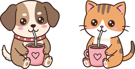 Cute dog, cartoon cat, animal friends, sipping mugs, heart symbol, cozy moment, pet illustration, black vector, cad drawing, flat design