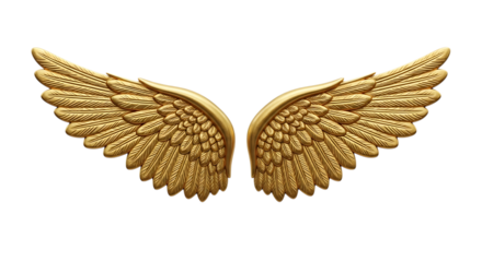 Ornate golden angel wings with detailed feather texture, cutout, PNG isolated on white or transparent background
