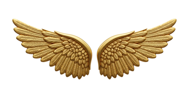 Ornate golden angel wings with detailed feather texture, cutout, PNG isolated on white or transparent background