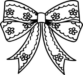 Elegant floral bow illustration, decorative lace ribbon design with intricate flower patterns, gift ornament outline