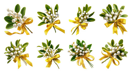 PNG Festive mistletoe with yellow ribbons, element set on transparent background
