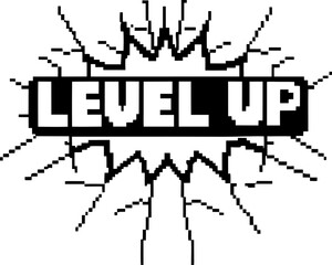 Fototapeta premium Level up retro game achievement pixel text graphic, progress reward, old school video gaming progress screen